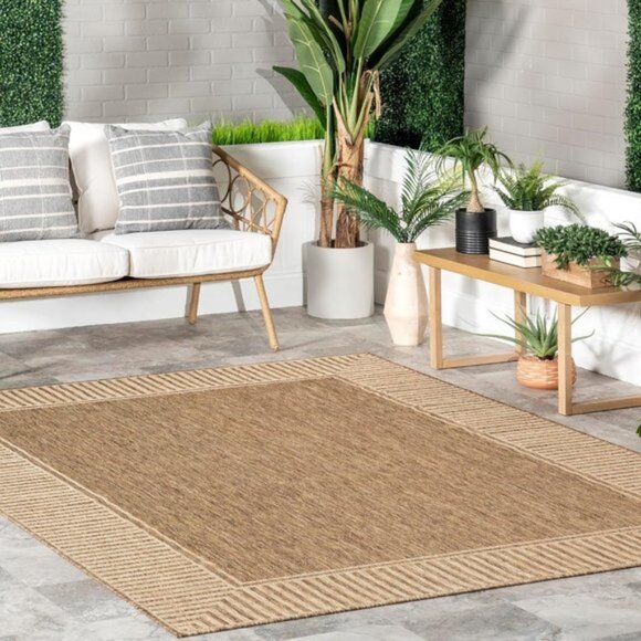 5x8Inch Outdoor Area Rug Striped Border Stain Resistant Durable Light Brown